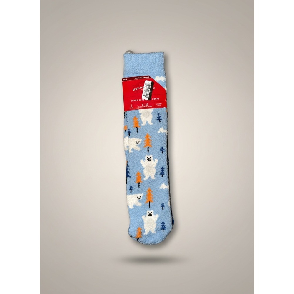 Wondershop Mens Polar Bear Fuzzy Crew Socks Blue Winter Holiday Size 6-12 NWT